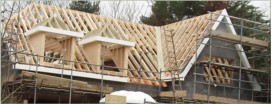 Traditional hand cut roof to detached house with roof inc. 55 and 40 degree pitches, with 2 dormers